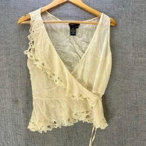 BCBG Max Azria Ivory Silk Wrap Top Floral Lace Sheer Sleeveless M